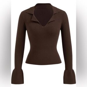CIDER Women Sweater 2025 Ribbed Knit Polo V Neck Long Bell Sleeve pullover nwt
